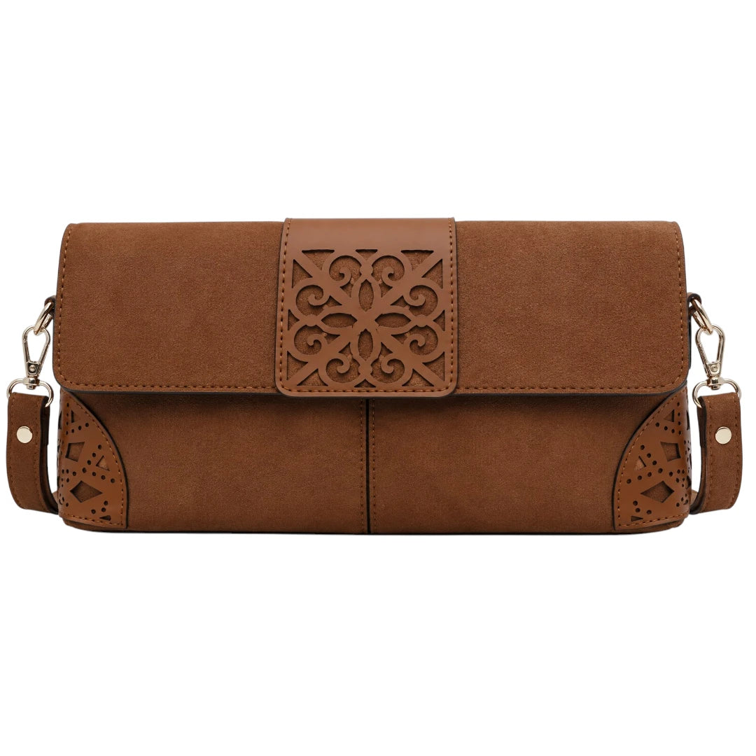 Totsi Brown Suede Ornate Cutout Flap Shoulder Bag