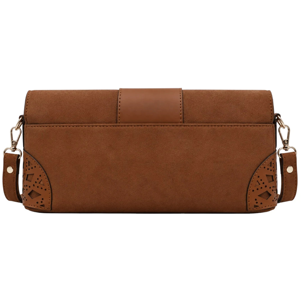 Totsi Brown Suede Ornate Cutout Flap Shoulder Bag