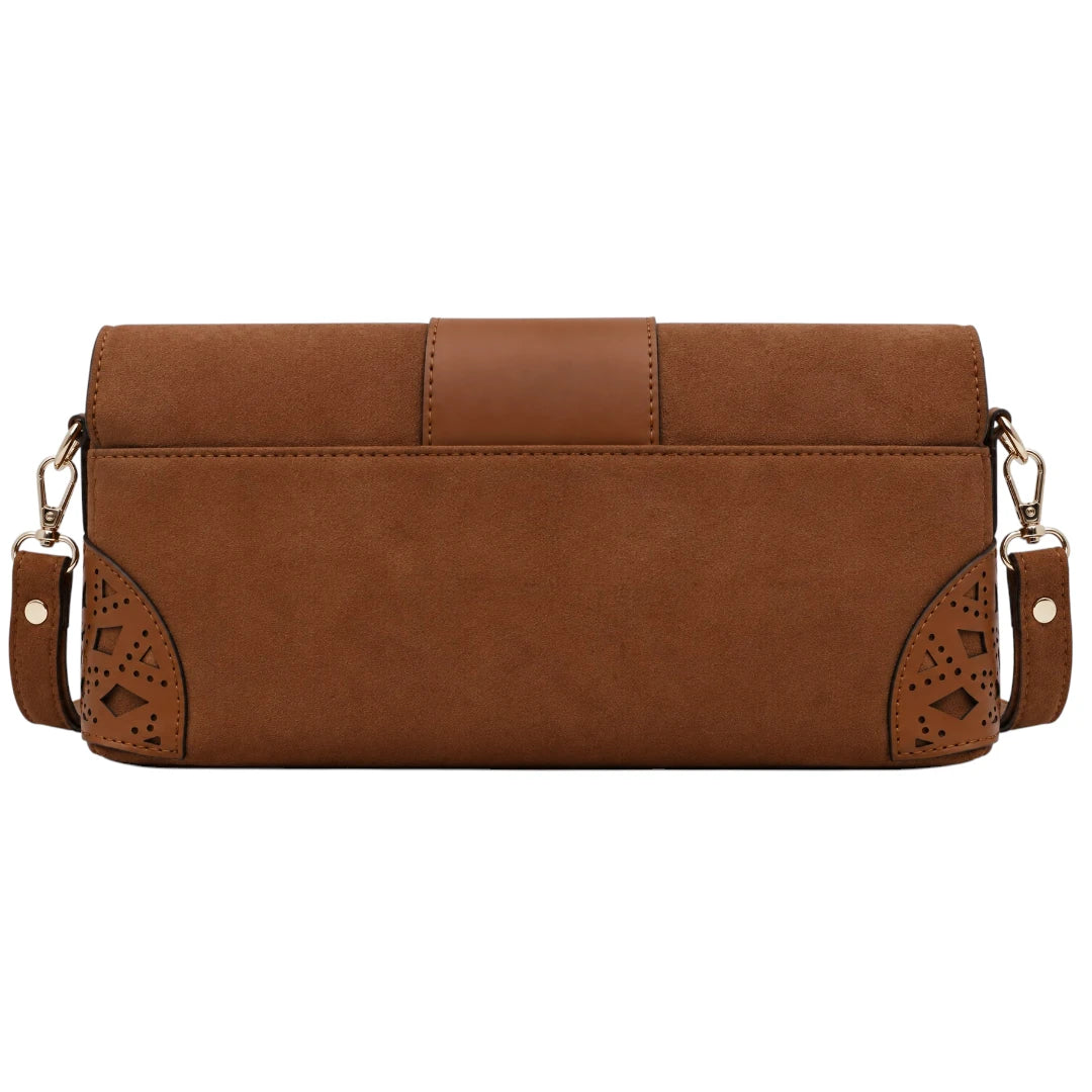 Totsi Brown Suede Ornate Cutout Flap Shoulder Bag