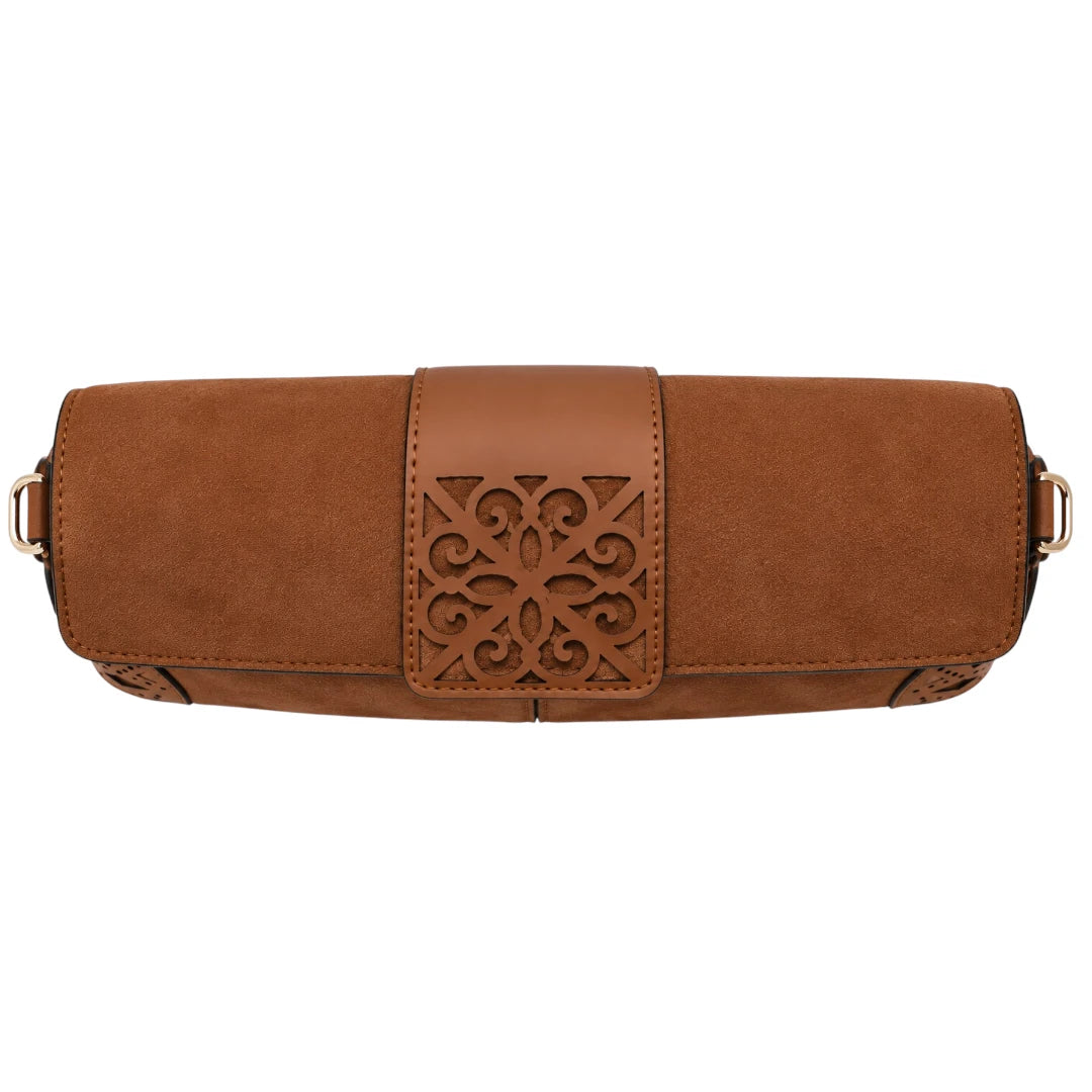 Totsi Brown Suede Ornate Cutout Flap Shoulder Bag