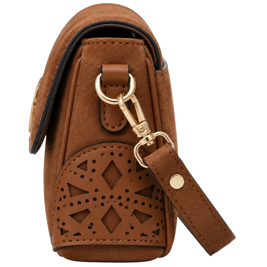 Totsi Brown Suede Ornate Cutout Flap Shoulder Bag