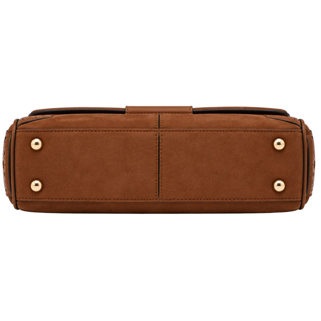 Totsi Brown Suede Ornate Cutout Flap Shoulder Bag