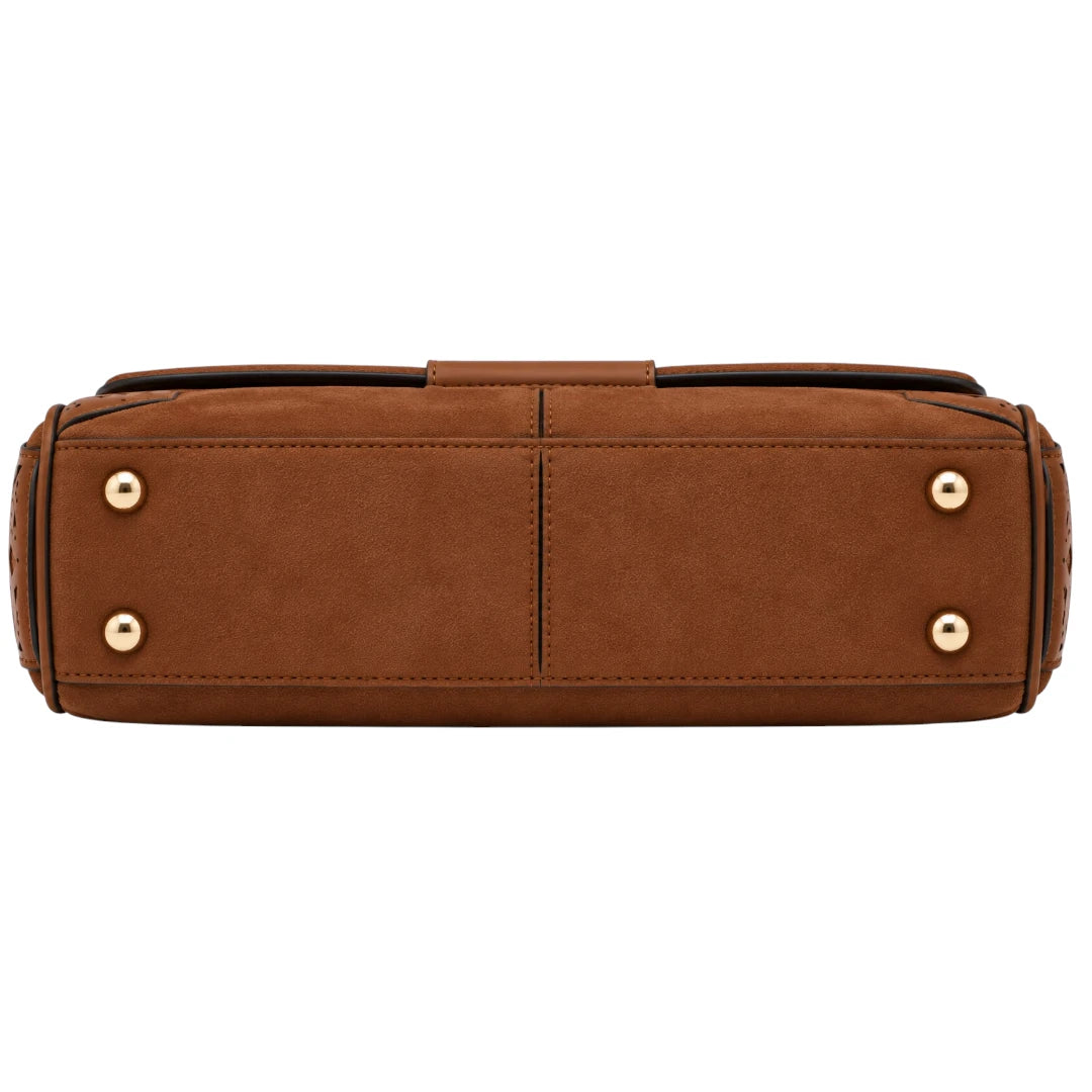 Totsi Brown Suede Ornate Cutout Flap Shoulder Bag