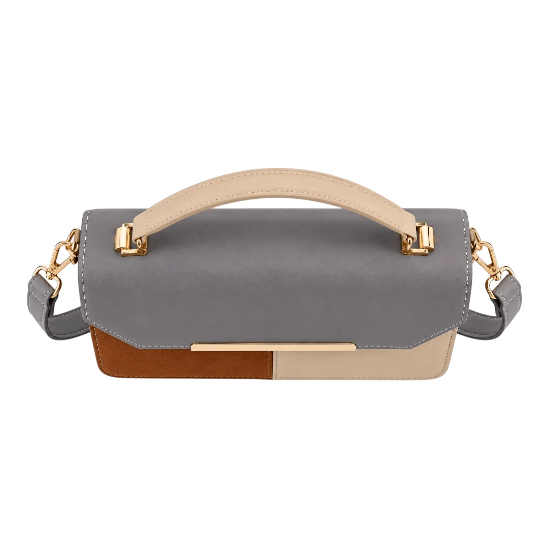 Totsi Gray Cognac Cream Structured Shoulder Satchel Handbag