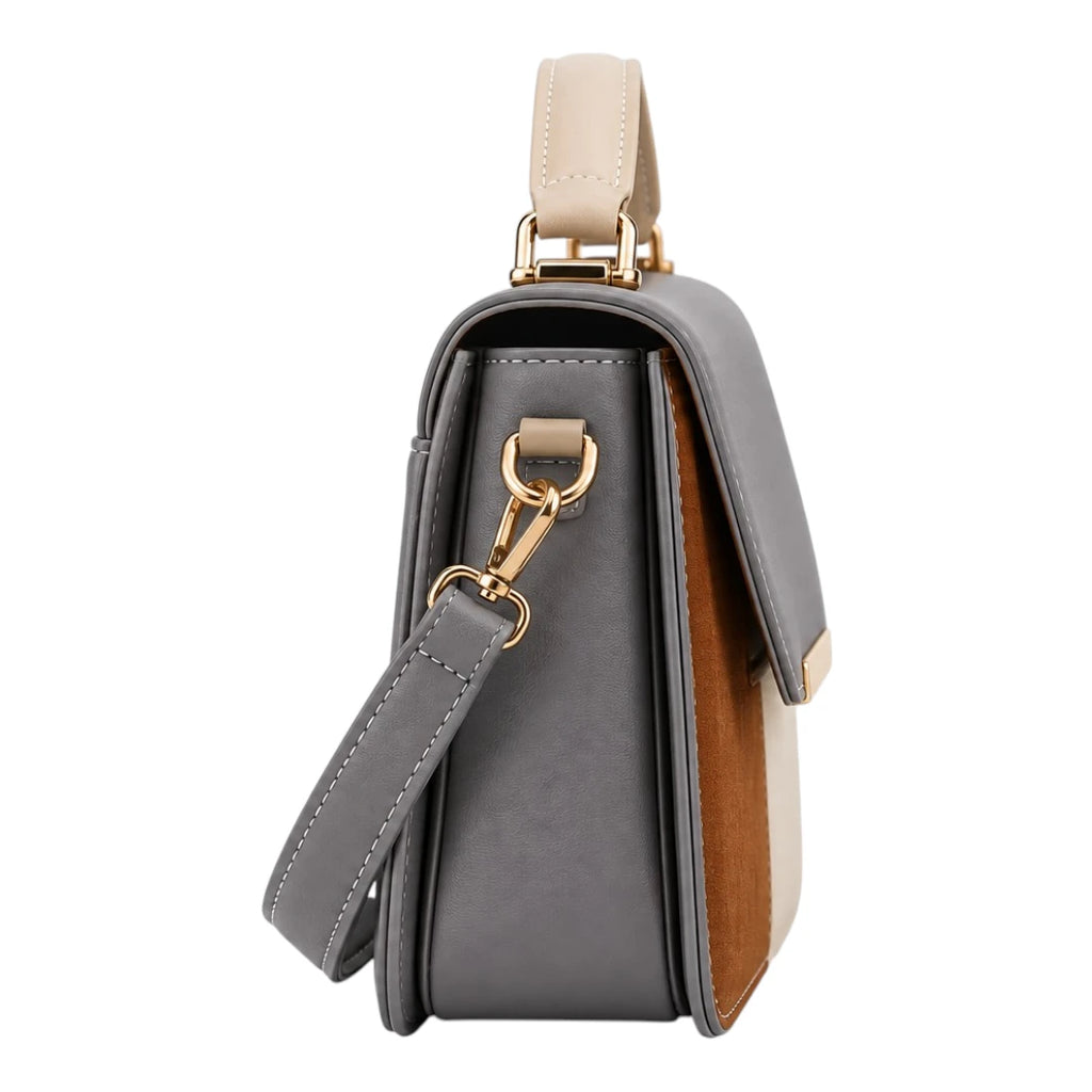Totsi Gray Cognac Cream Structured Shoulder Satchel Handbag