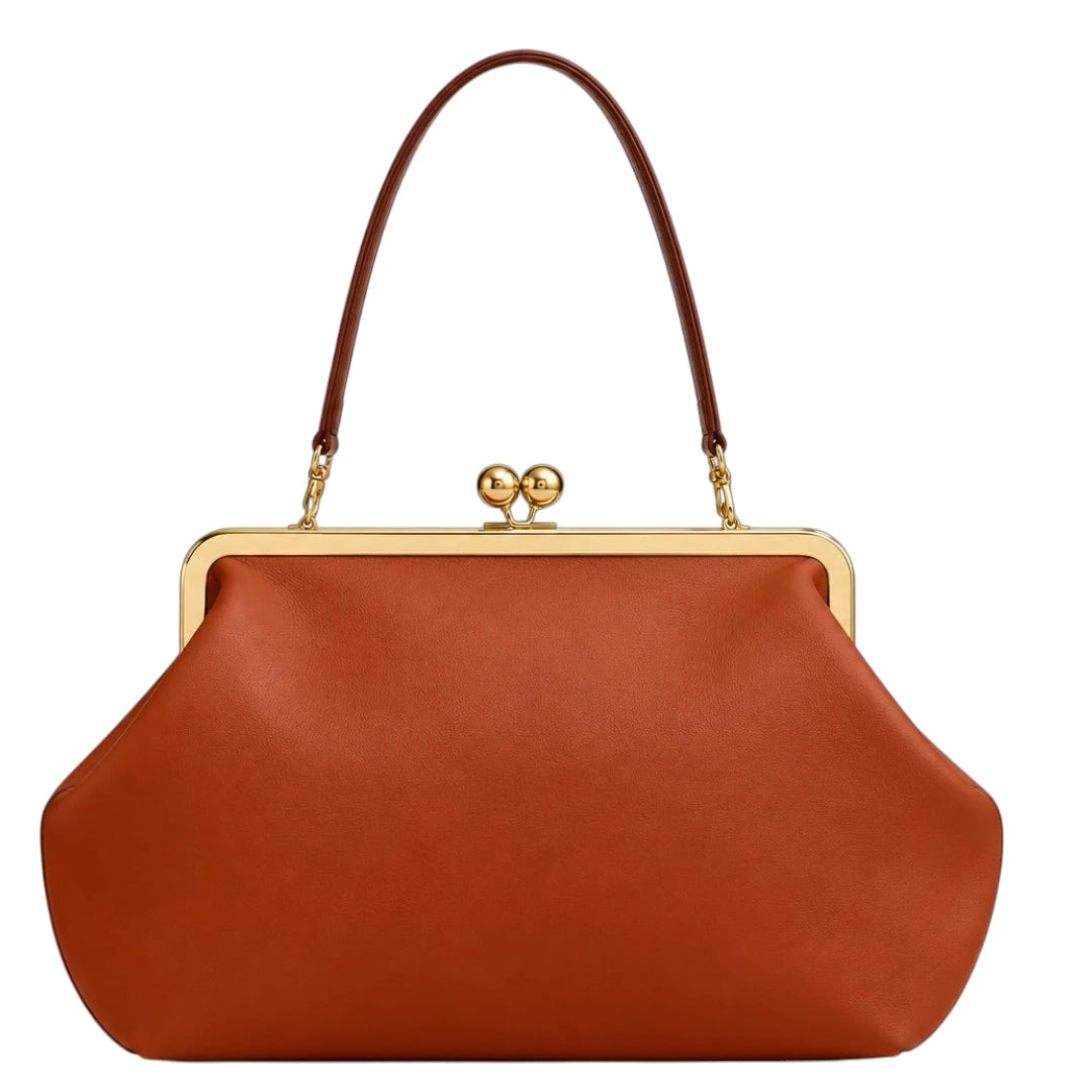 Totsi Cognac Brown Kiss Lock Structured Evening Handbag