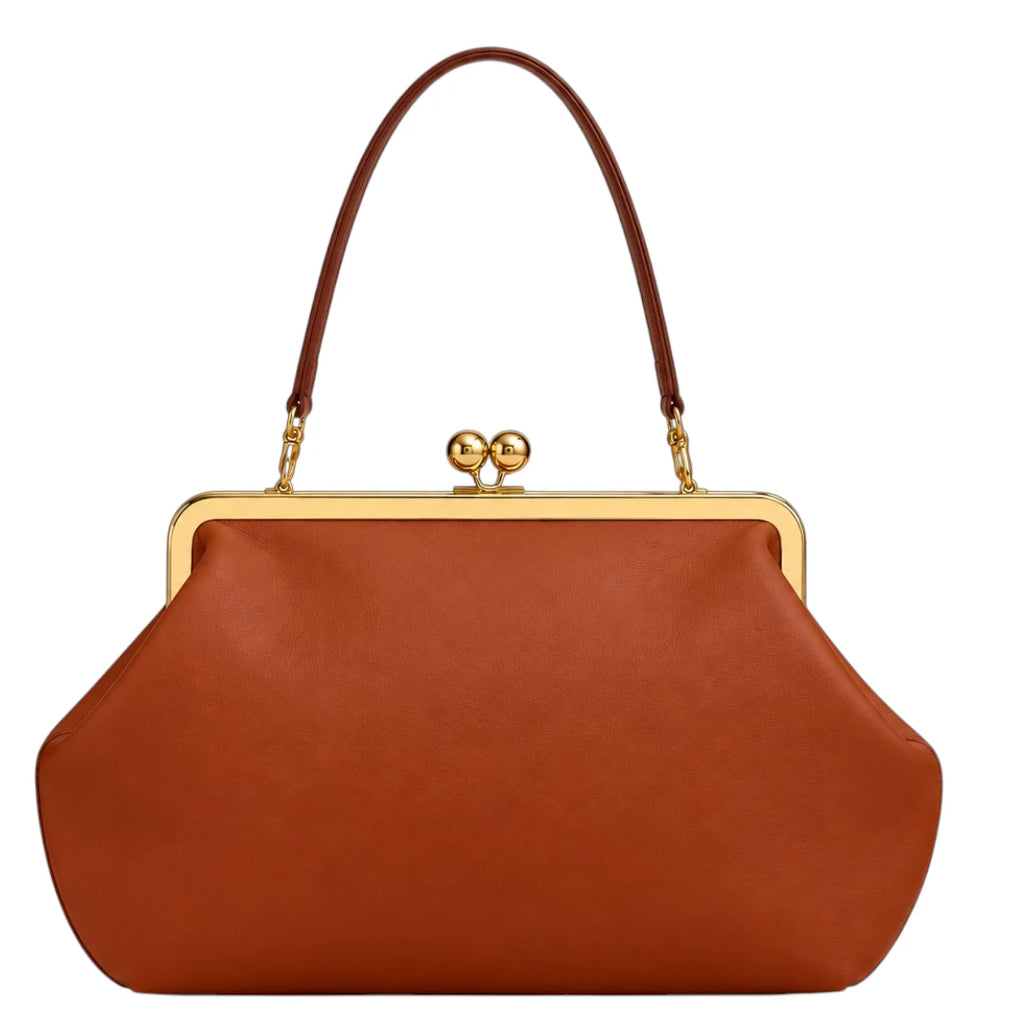 Totsi Cognac Brown Kiss Lock Structured Evening Handbag