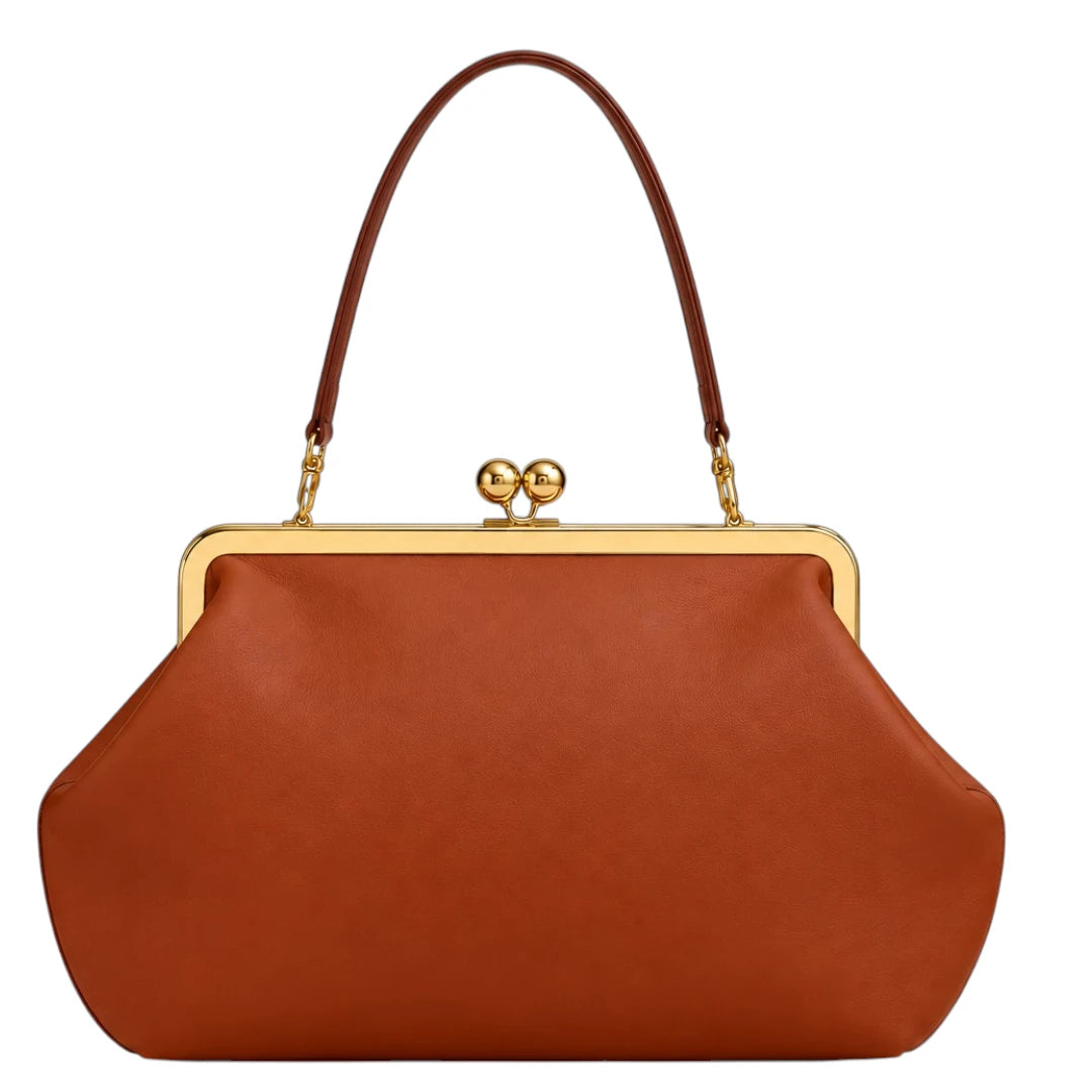Totsi Cognac Brown Kiss Lock Structured Evening Handbag