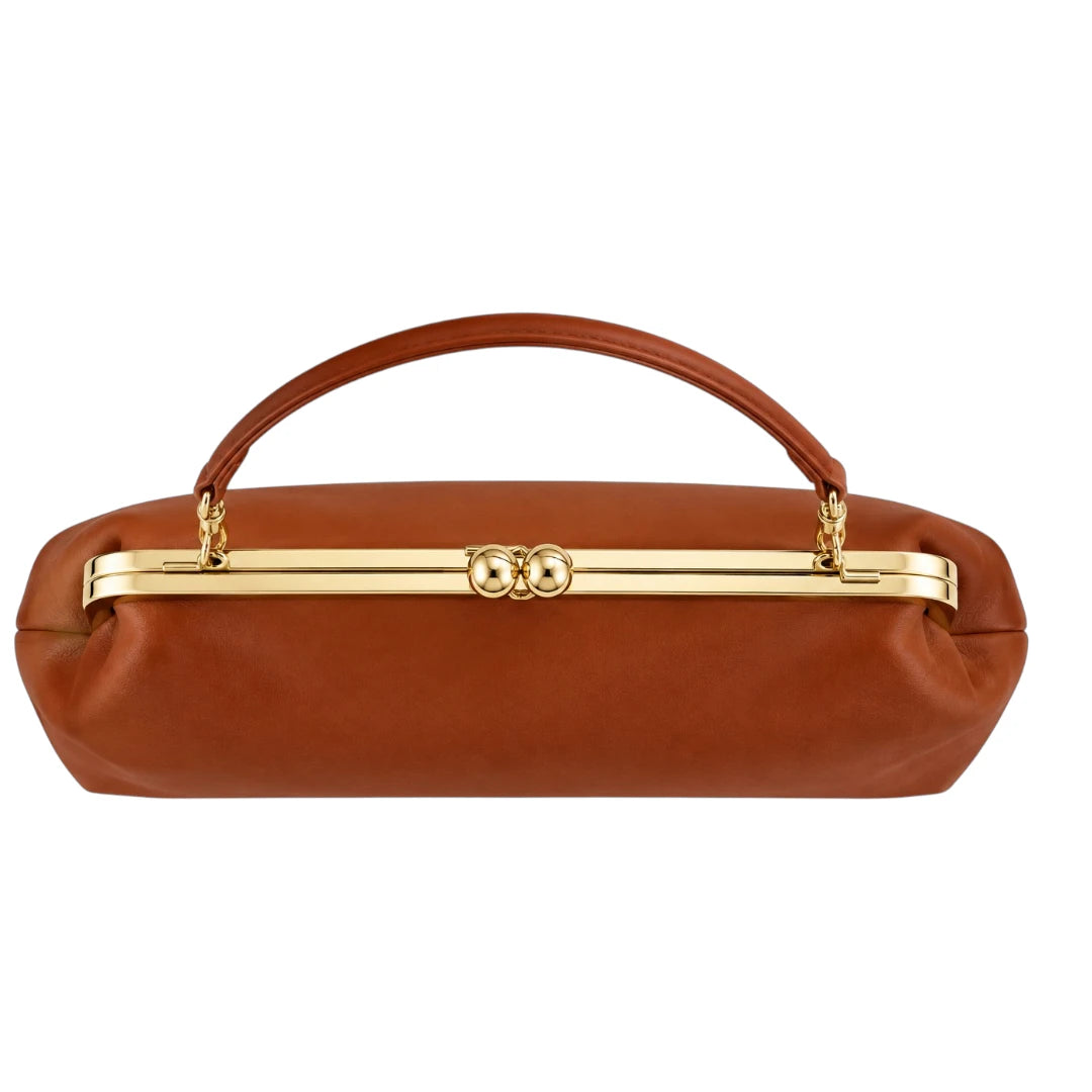 Totsi Cognac Brown Kiss Lock Structured Evening Handbag