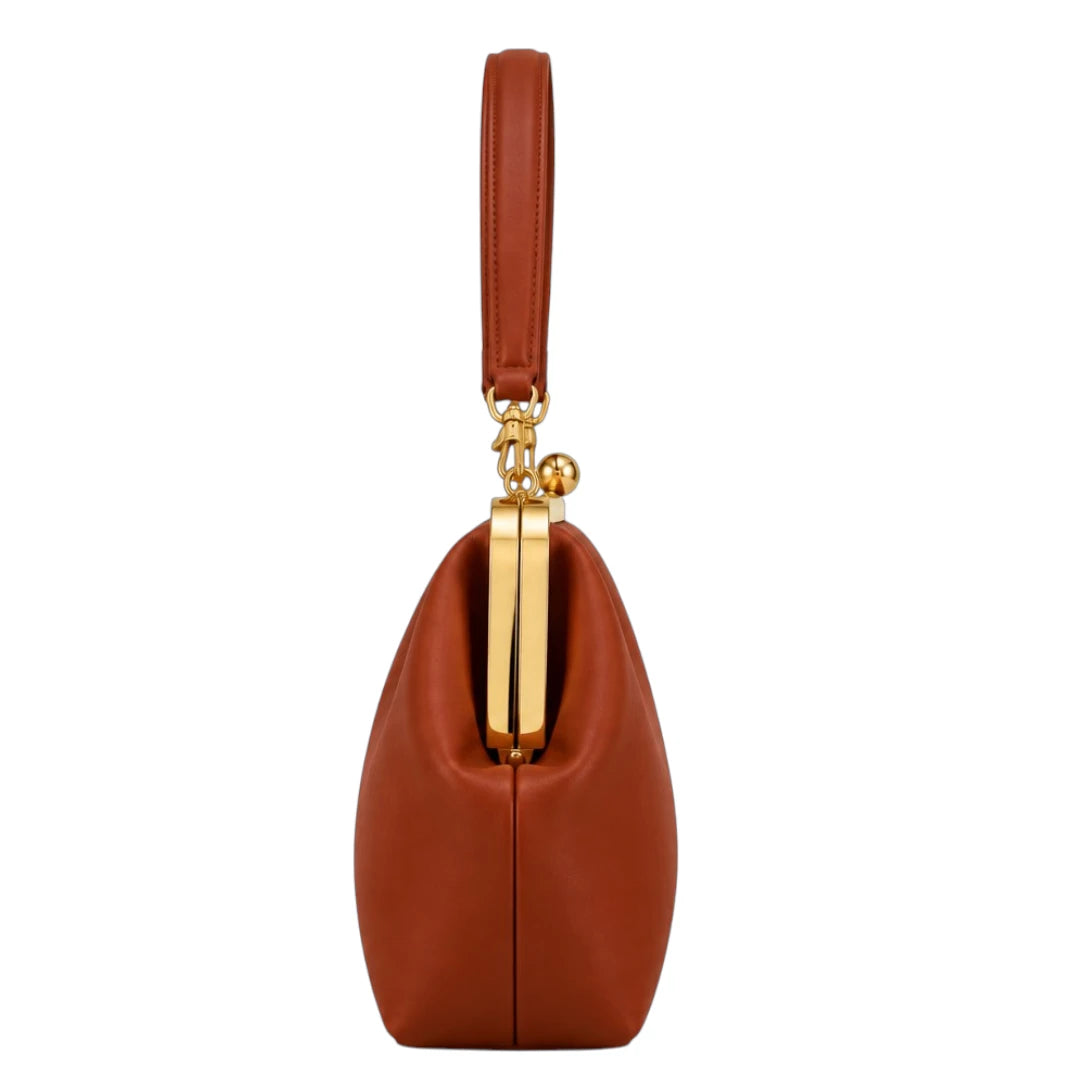 Totsi Cognac Brown Kiss Lock Structured Evening Handbag
